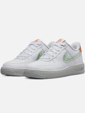 NIKE Kids Air Force 1 Low - White with Mint Green & Orange Accents